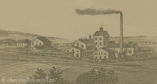Cukrovar z jižní strany na grafice z roku 1870.